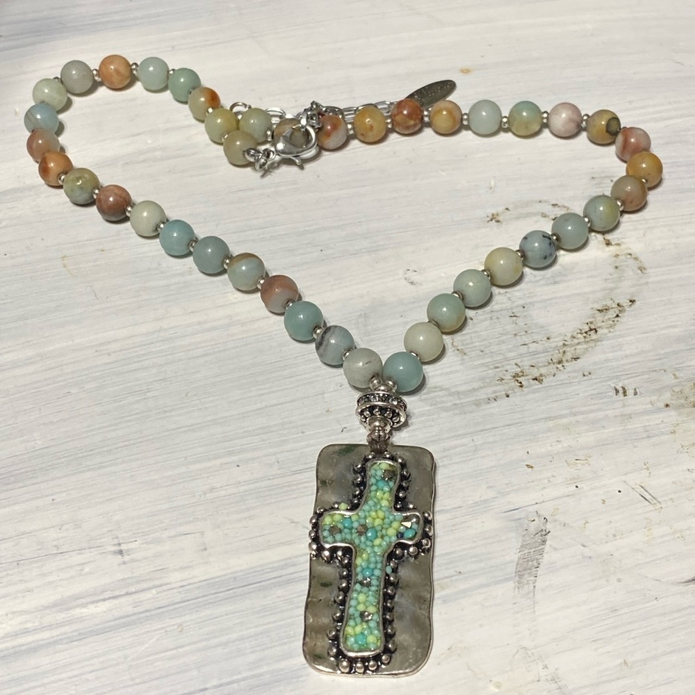 Plunder Fashion Jewelry Ryan Silver stone Beaded silver hammered Cross Necklace